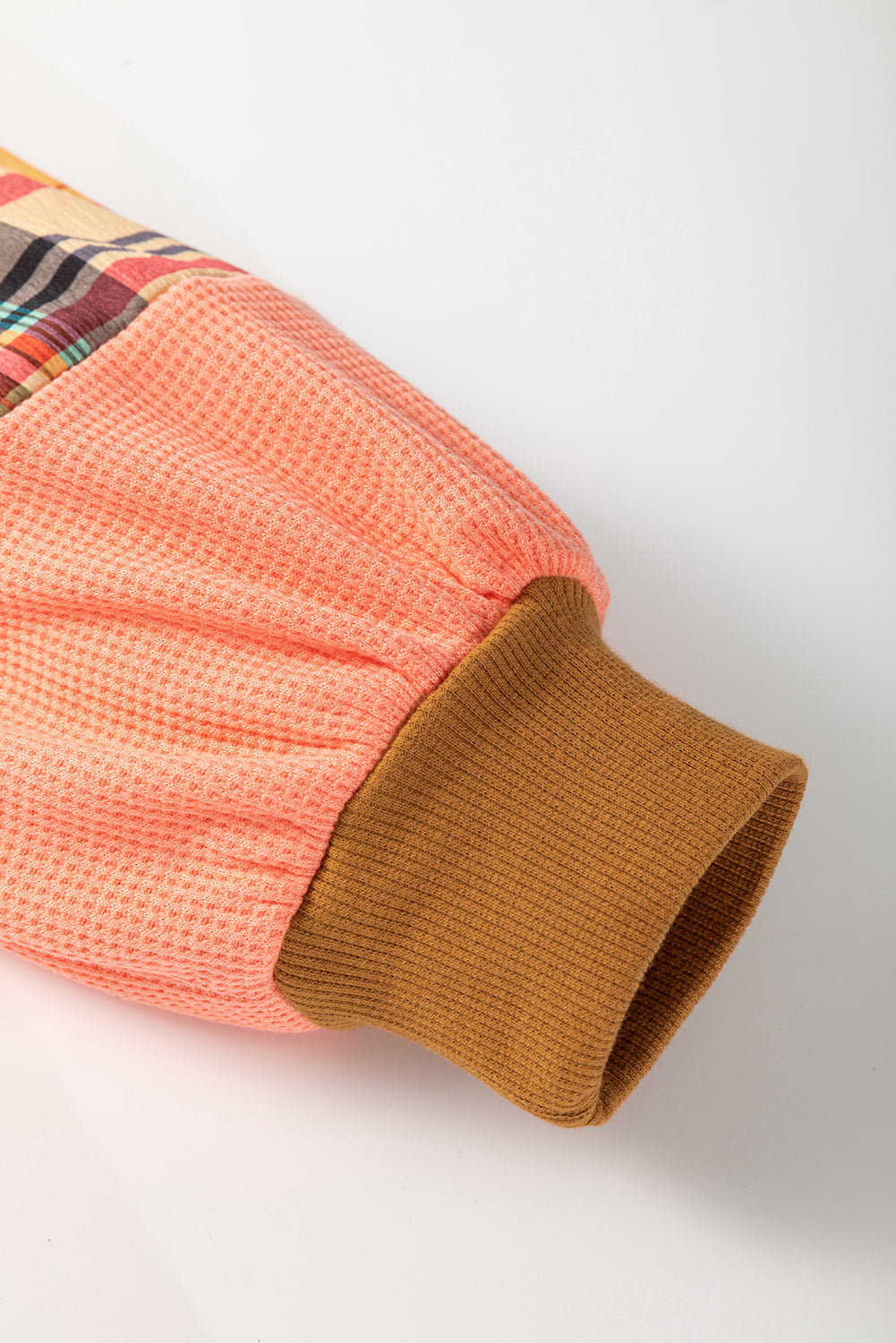 Multicolour Waffle Knit Plaid Patchwork Side Slits Loose Sweatshirt Tops/Sweatshirts & Hoodies