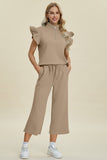 Double Take Full Size Texture Ruffle Short Sleeve Top and Wide Leg Pants Set 