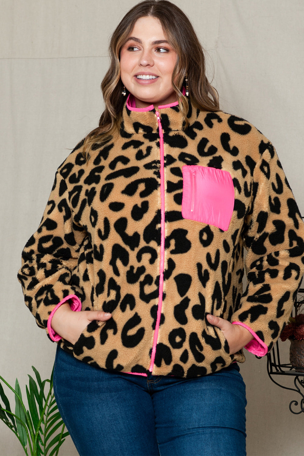 Plus Size Leopard Zip Up Jacket with Pockets 