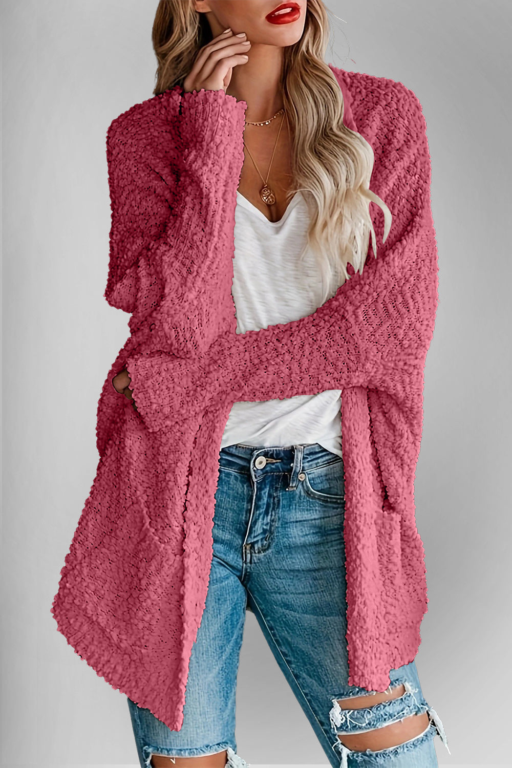 Double Take Pocketed Open Front Long Sleeve Cardigan 