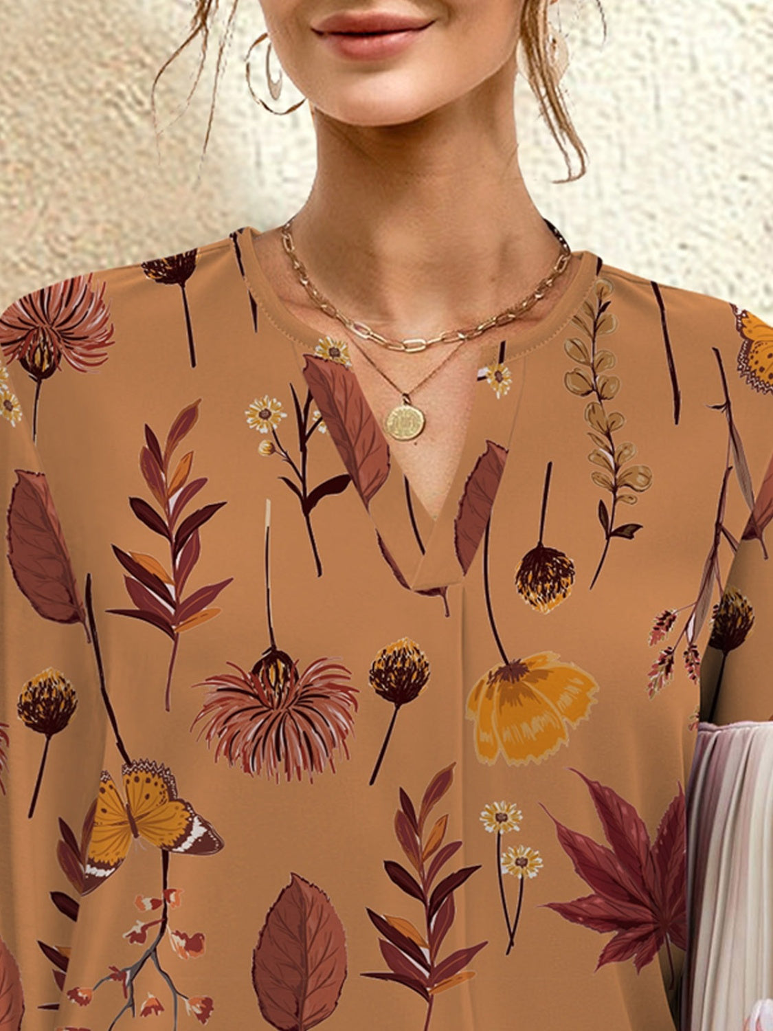 FAM-FAM Printed Notched Long Sleeve Blouse 