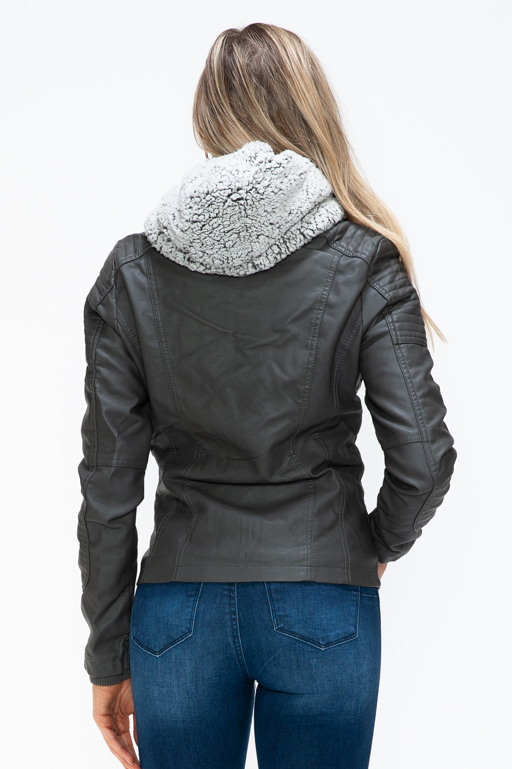 YMI Removable Faux Layered Multi-Pocket Jacket with Fuzzy Hood 
