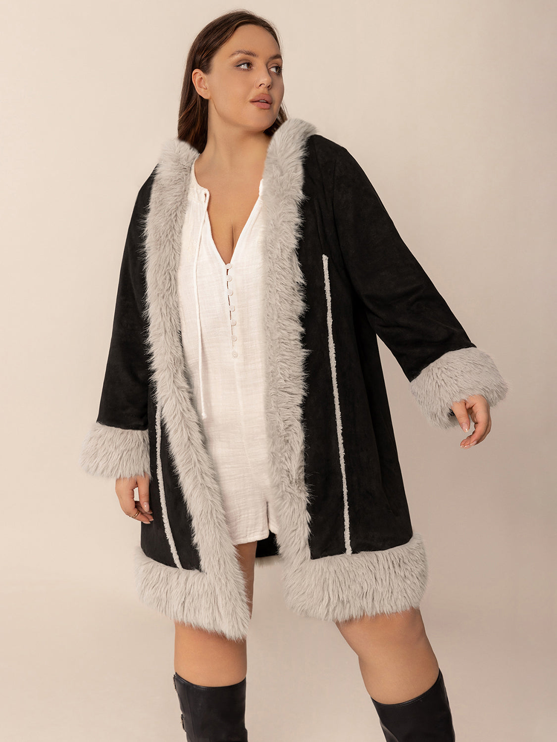 Plus Size Fuzzy Trim Open Front Long Sleeve Hooded Coat 
