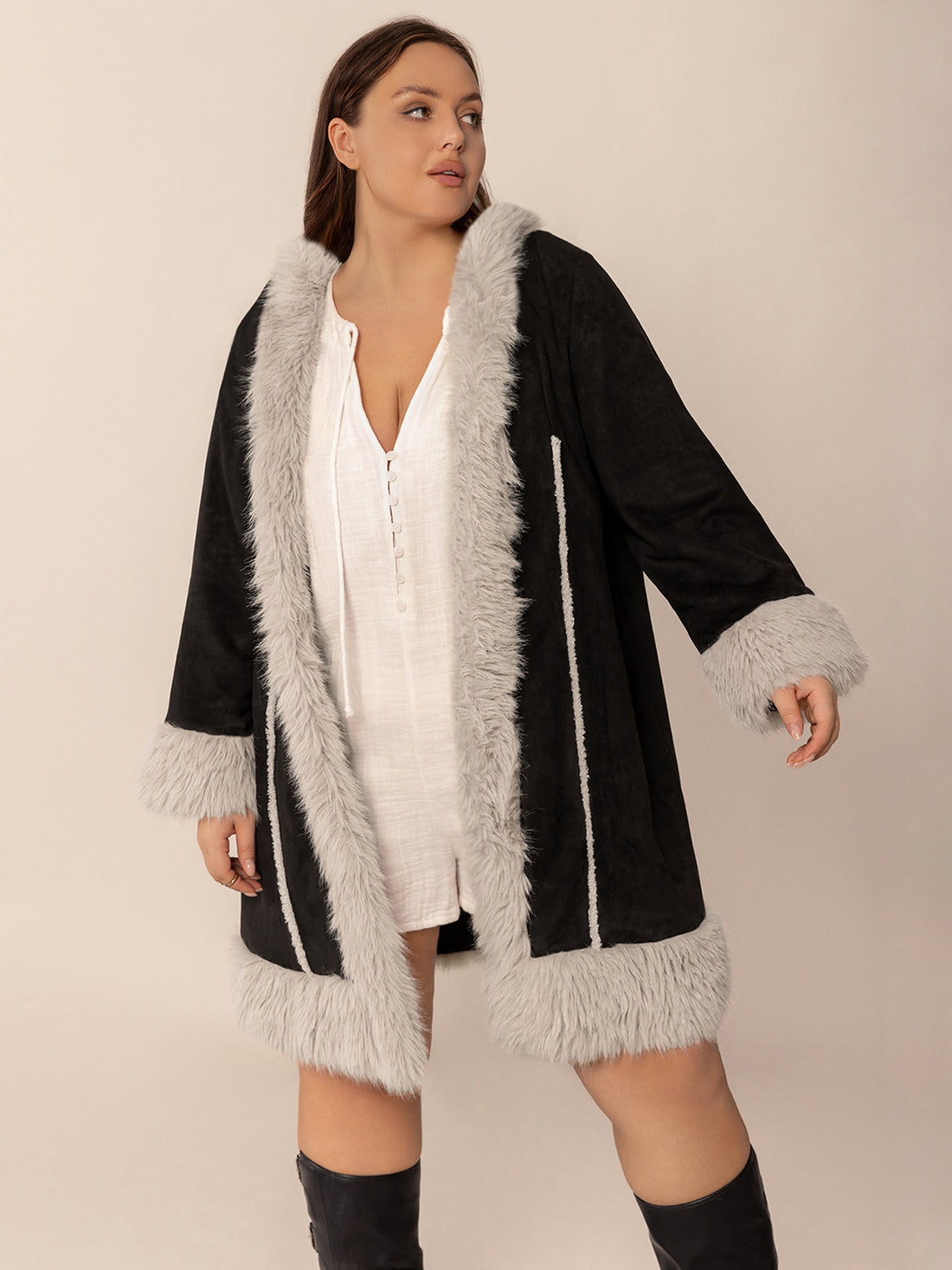 Plus Size Fuzzy Trim Open Front Long Sleeve Hooded Coat 