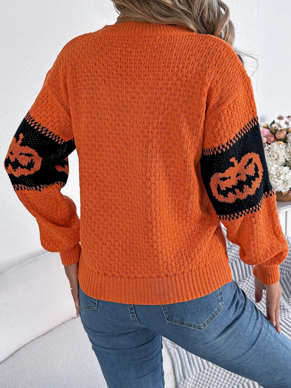 Pumpkin Round Neck Long Sleeve Sweater 