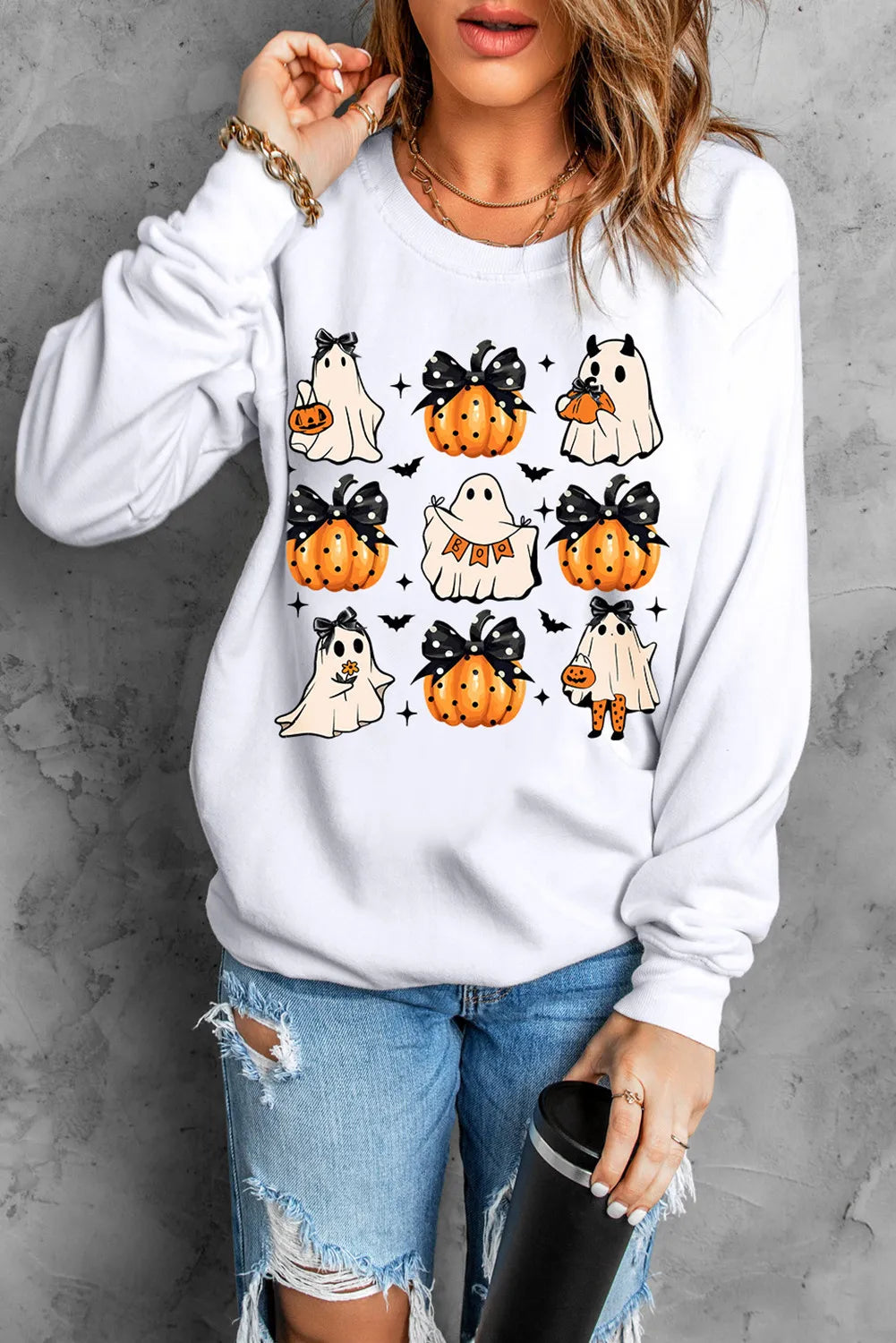 Pumpkin & Ghost Round Neck Long Sleeve Sweatshirt 