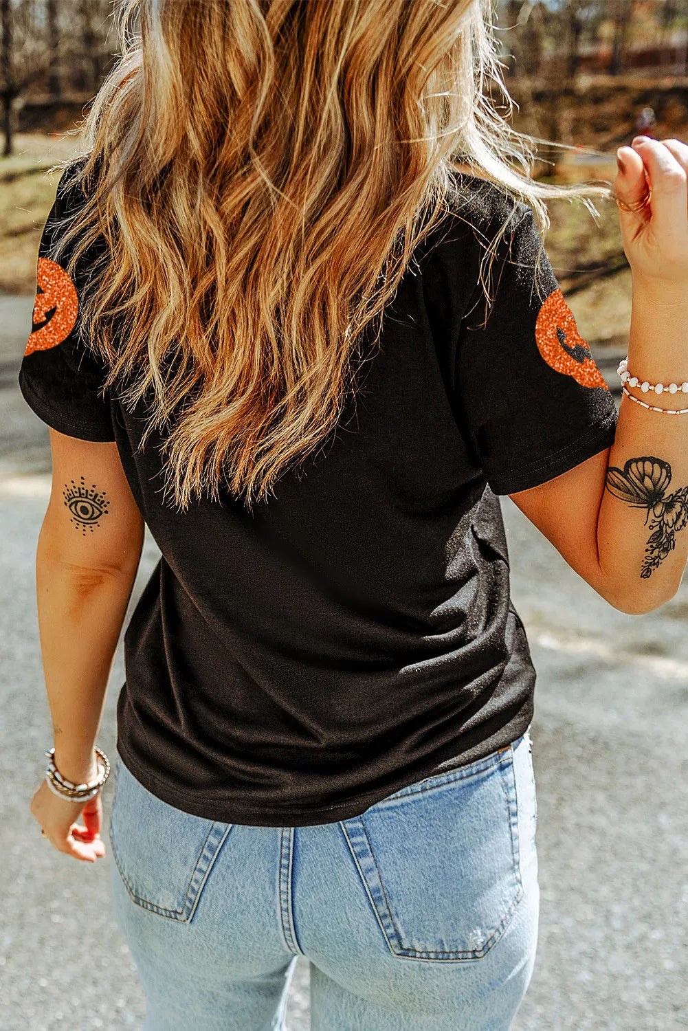 Full Size Glitter Jack-O'-Lantern Round Neck Short Sleeve T-Shirt 