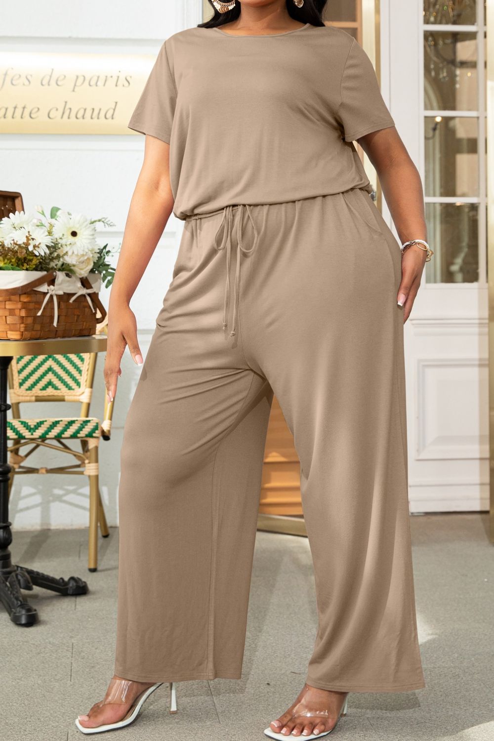 Plus Size Drawstring Waist Short Sleeve Jumpsuit 