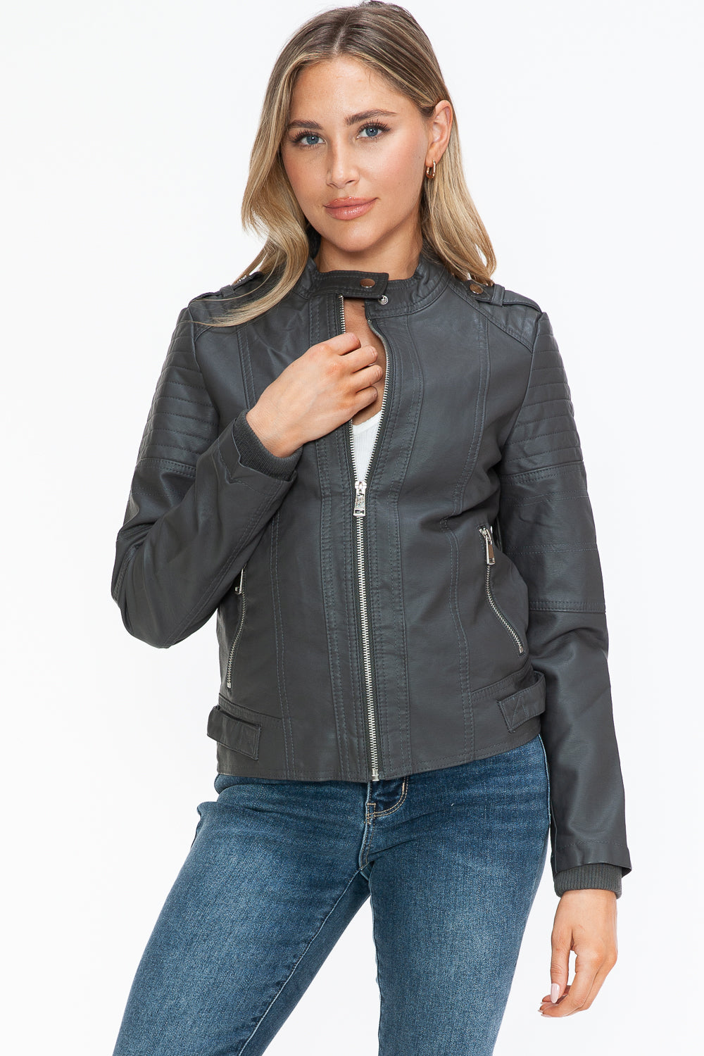 Snobbish PU Leather Biker Jacket with Side Zip Pockets 