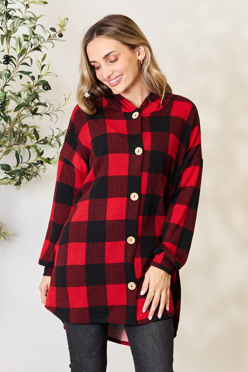 Heimish Full Size Plaid Button Front Hooded Shirt 