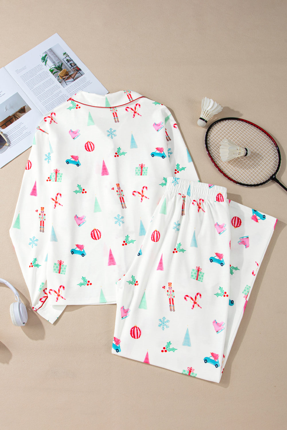 Christmas Printed Collared Neck Top and Pants Lounge Set 