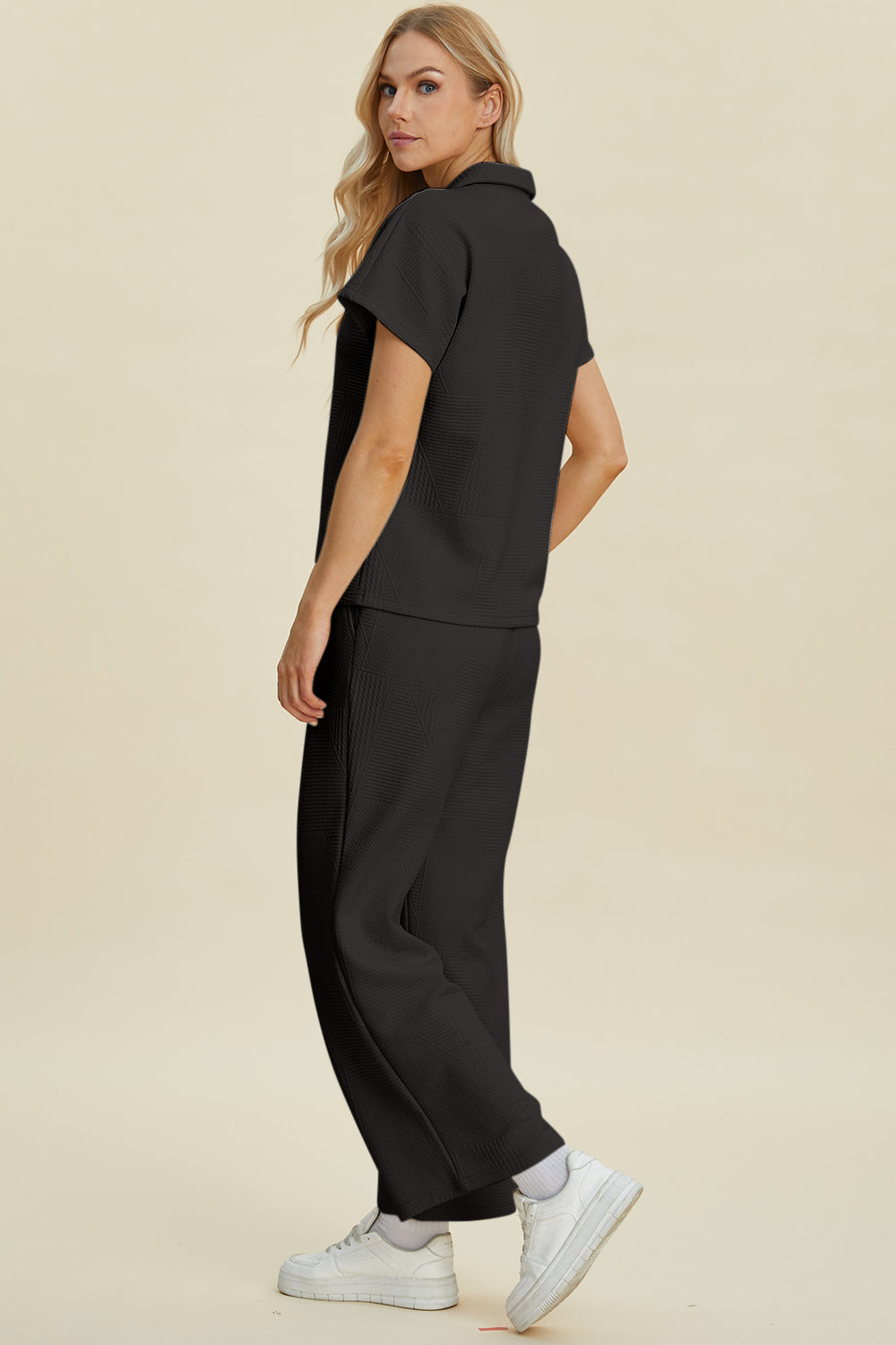 Double Take Full Size Collared Neck Short Sleeve Top and Pants Set 
