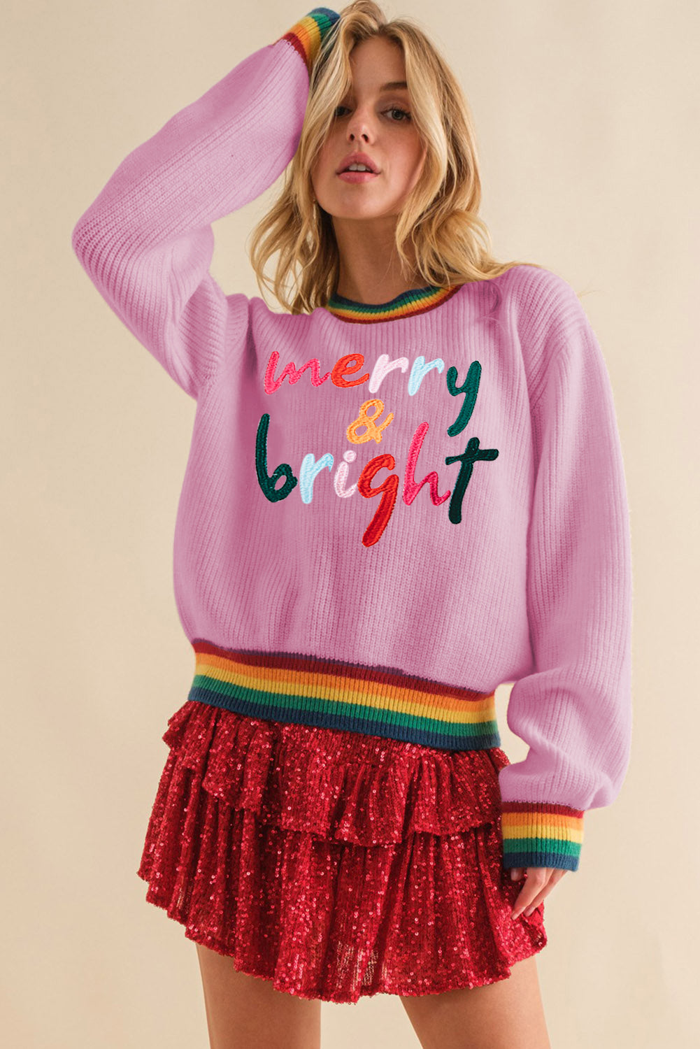 MERRY & BRIGHT Ribbed Round Neck Sweater 
