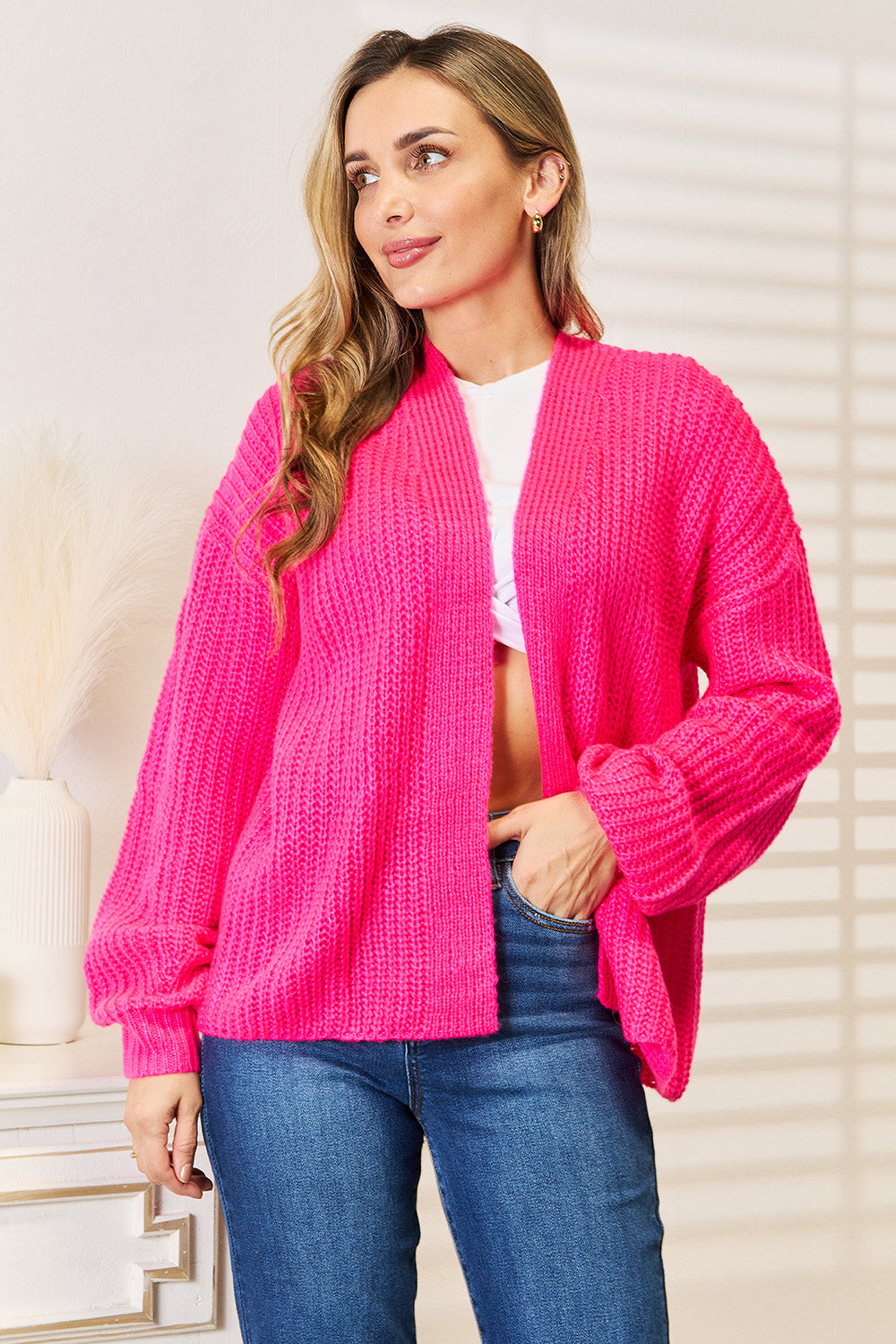 Woven Right Rib-Knit Open Front Drop Shoulder Cardigan 