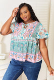 Perfee Floral Tie Neck Short Sleeve Blouse 