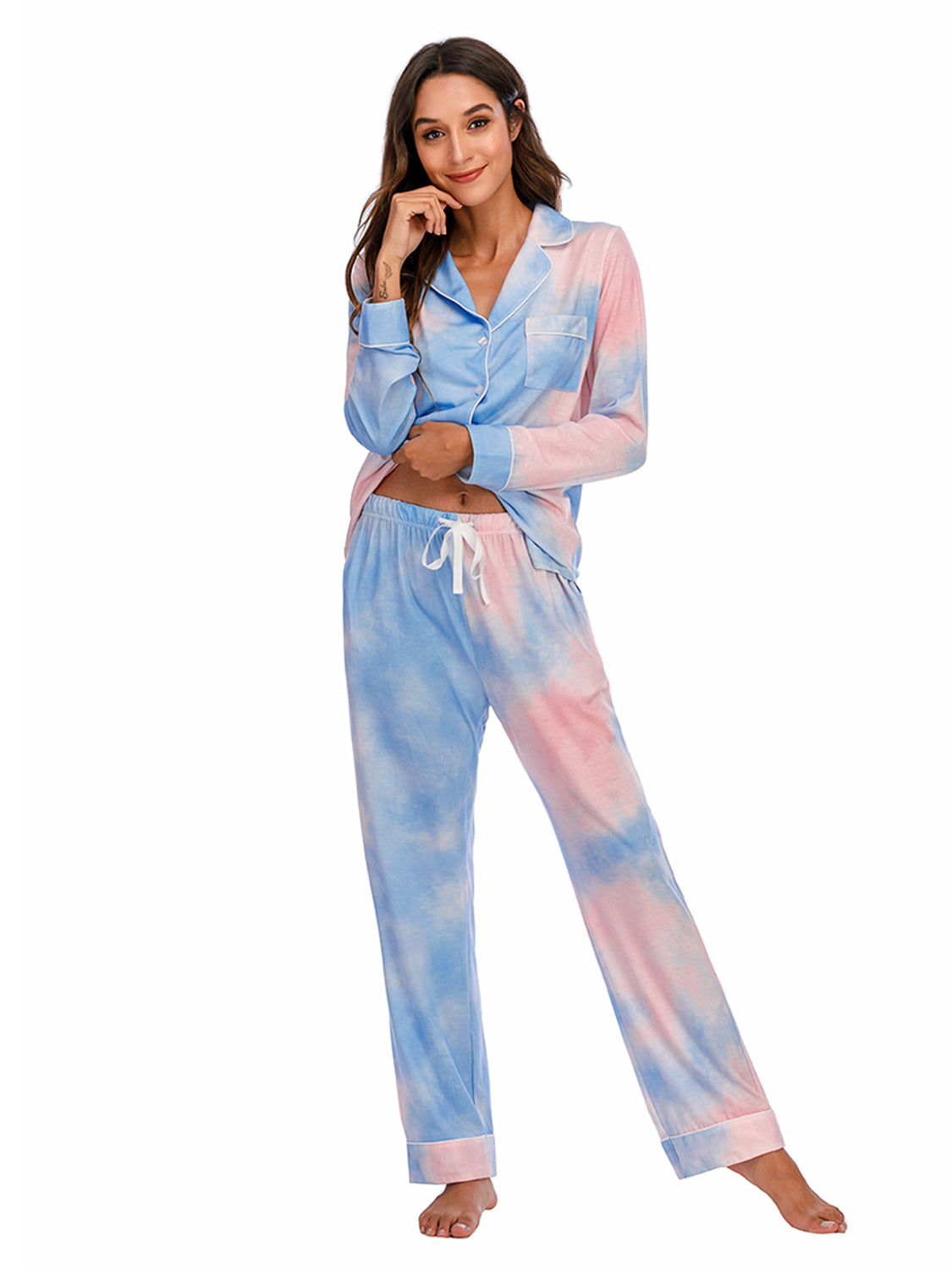 Collared Neck Long Sleeve Loungewear Set with Pockets Lingerie & Nightwear