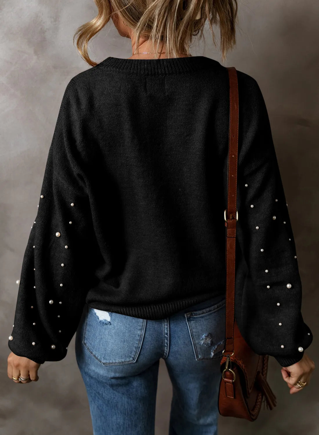 Pearl Detail Round Neck Long Sleeve Sweater 