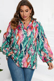 Plus Size Printed Johnny Collar Long Sleeve Blouse 