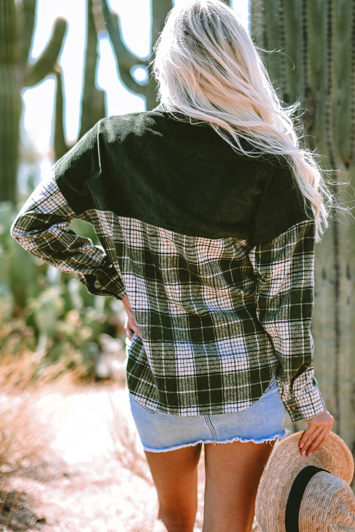 Blackish Green Snap Buttons Colorblock Plaid Shacket Outerwear/Plaid Shackets