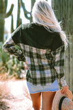 Blackish Green Snap Buttons Colorblock Plaid Shacket Outerwear/Plaid Shackets