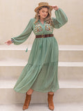 Plus Size Tassel Printed Tie Neck Long Sleeve Midi Dress 