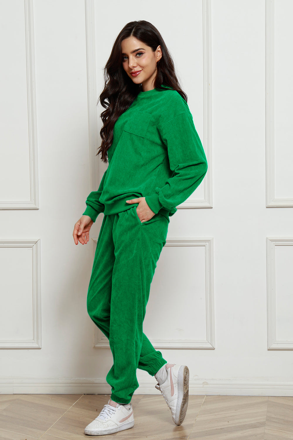 Corduroy Round Neck Sweatshirt and Sweatpants Set 