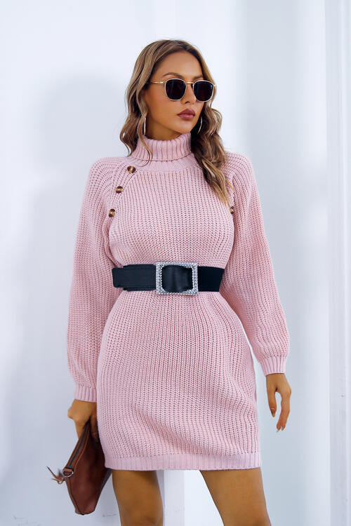 Buttoned Turtleneck Long Sleeve Sweater Dress Dresses