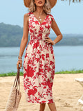 Perfee Smocked Printed Surplice Midi Dress 
