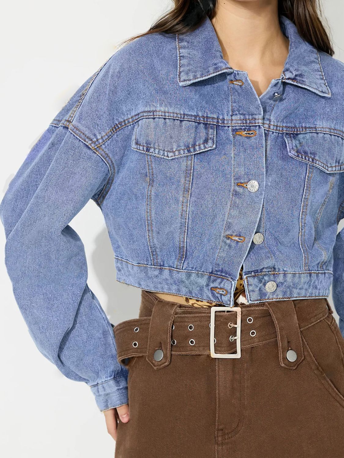Collared Neck Dropped Shoulder Cropped Denim Top 