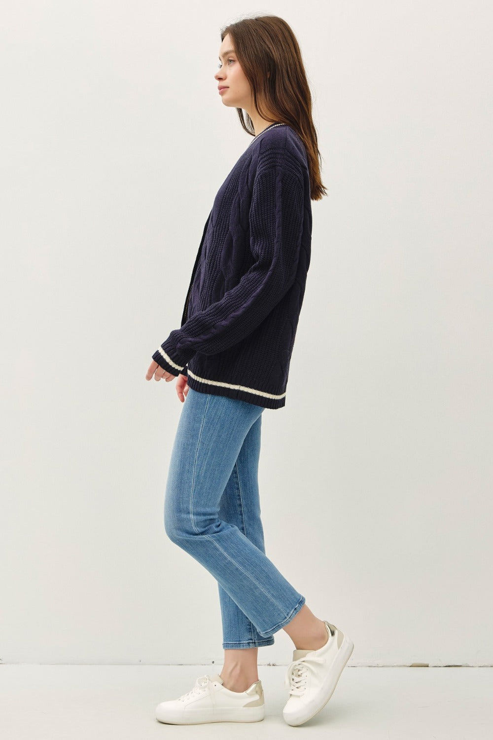 Be Cool Contrast Trim Cable-Knit V-Neck Cardigan 