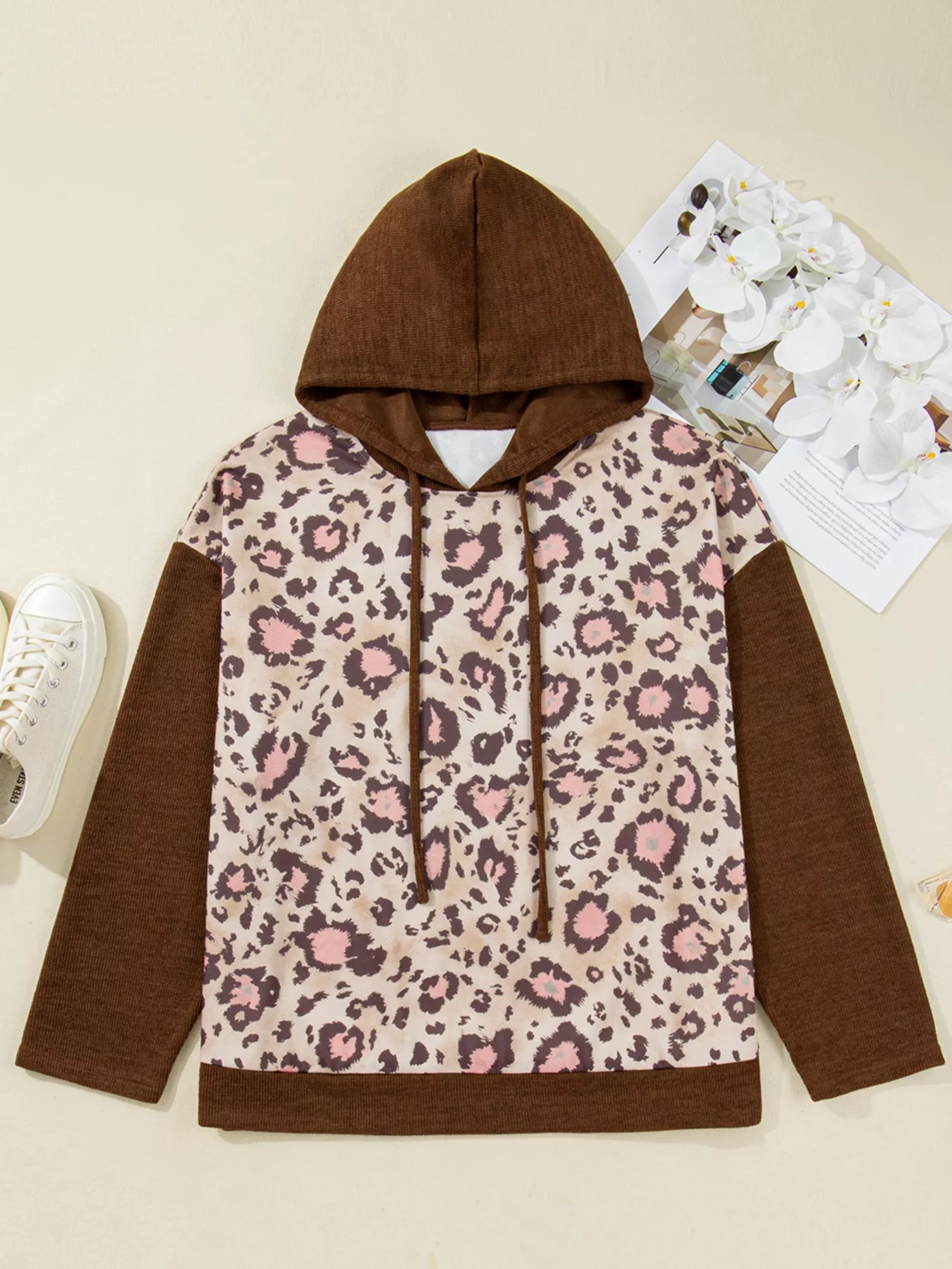 Plus Size Leopard Long Sleeve Drawstring Hoodie 