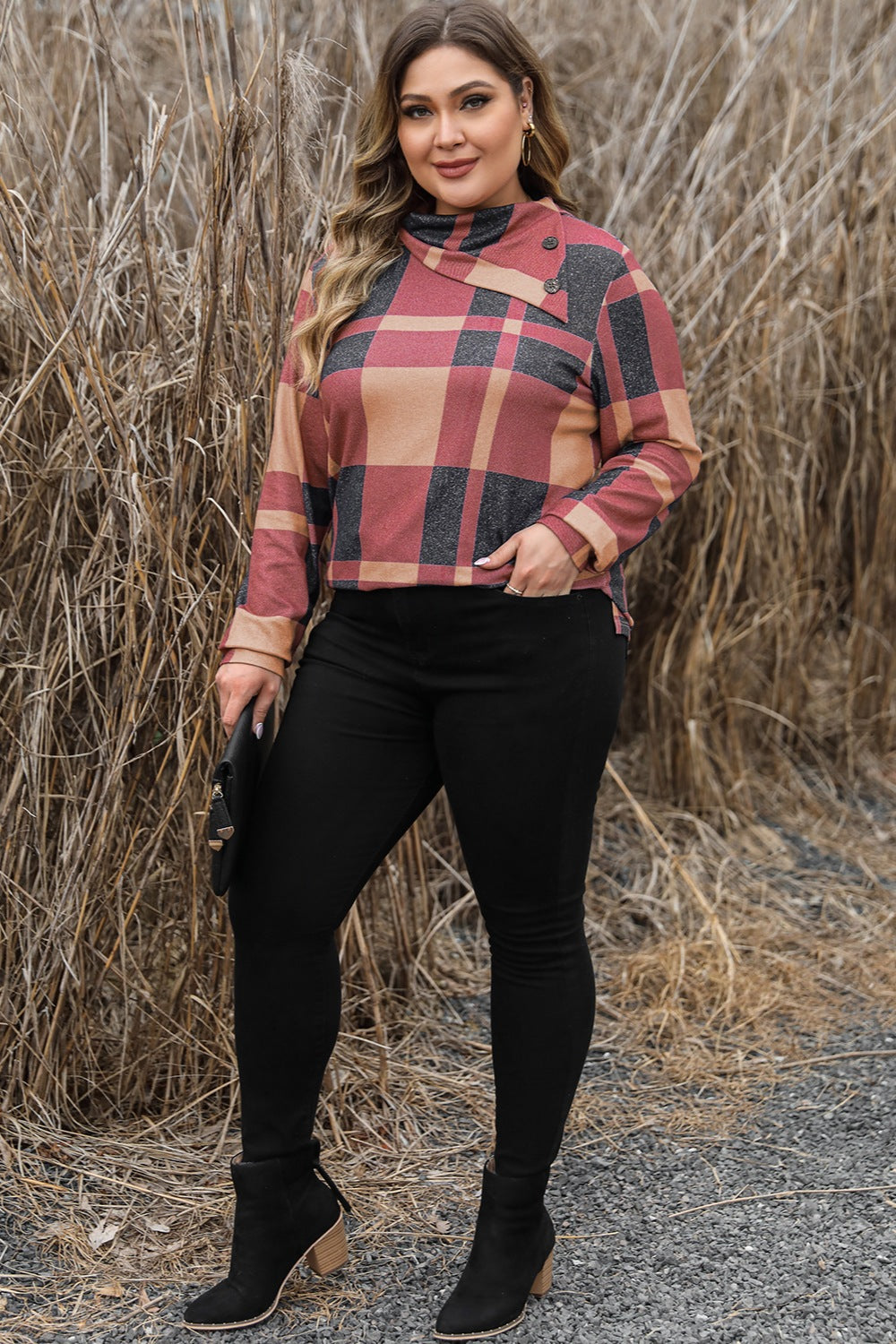 Plus Size Plaid Cowl Neck Long Sleeve Sweatshirt 