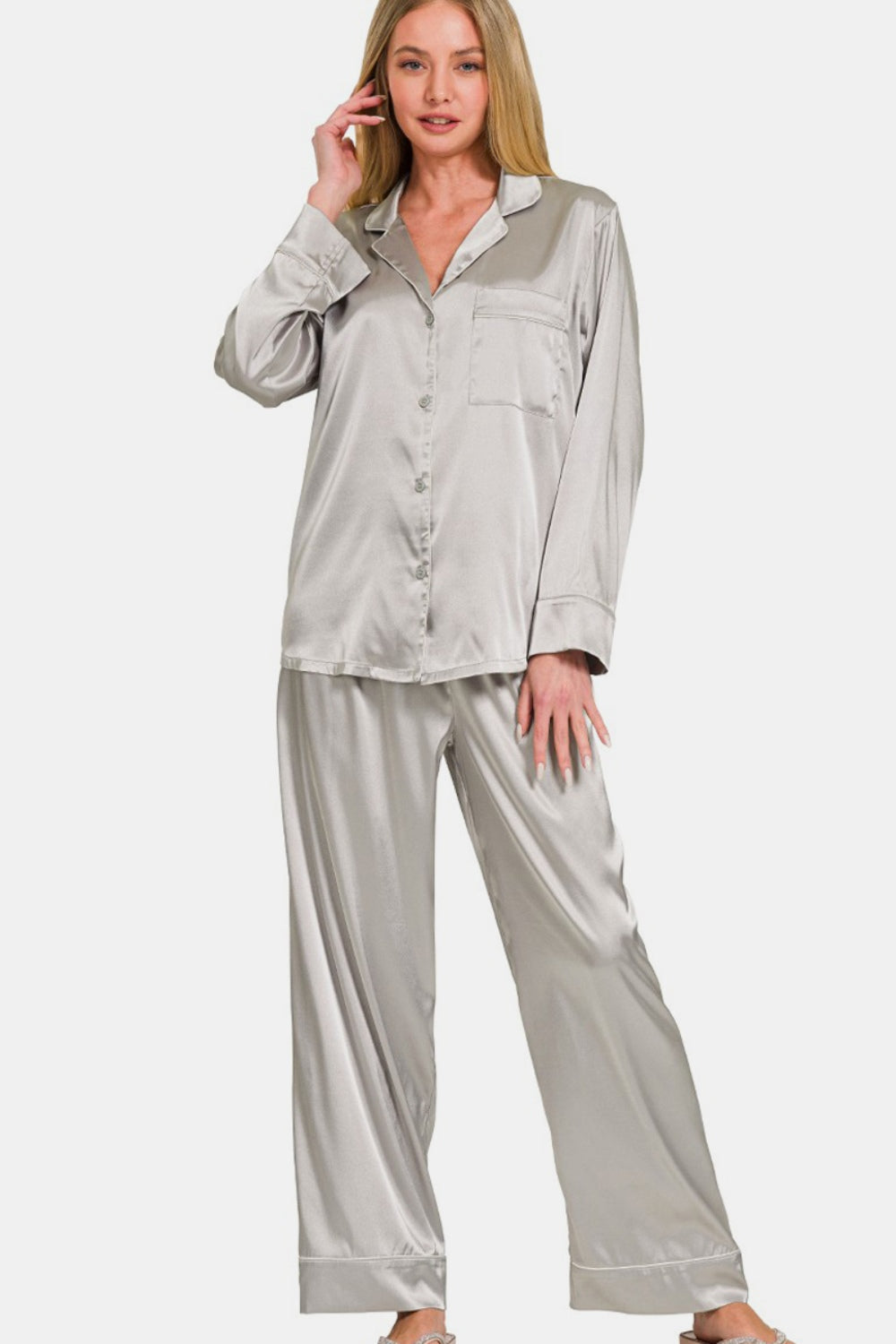 Zenana Satin Long Sleeve Shirt and Pants Pajama Set 