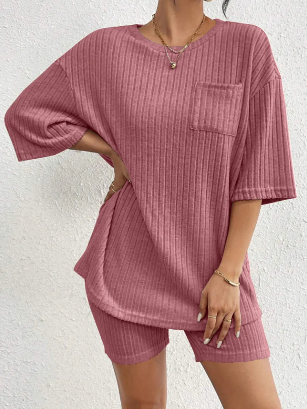 Ribbed Round Neck Top and Shorts Set Two Piece Dresses