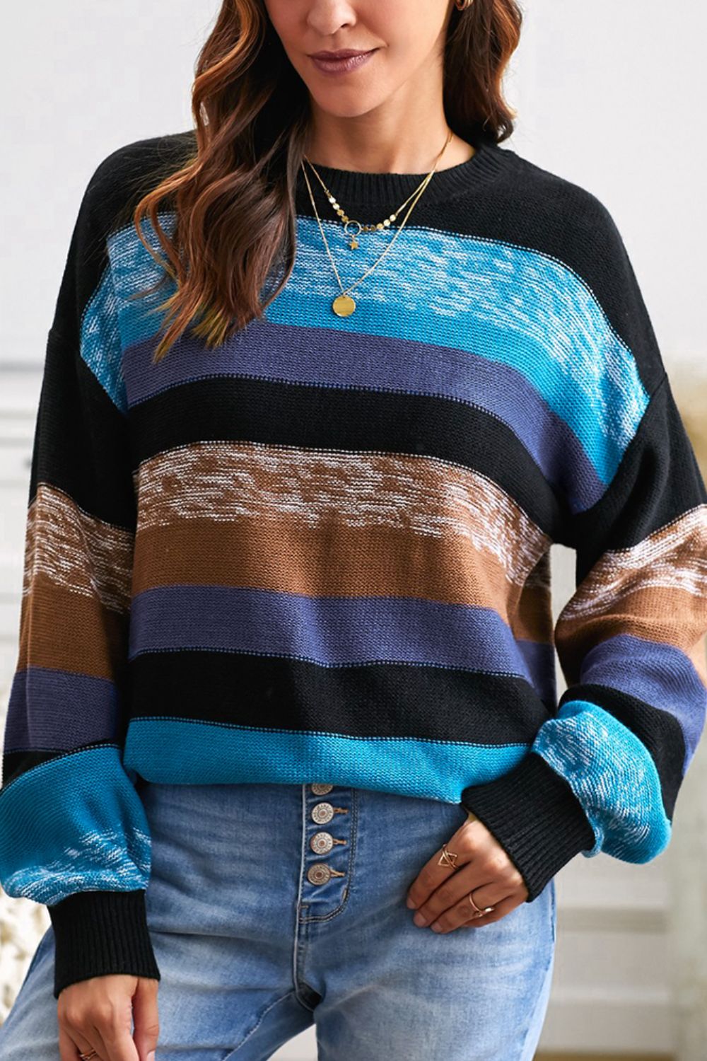 Contrast Striped Round Neck Drop Shoulder Sweater 
