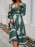 Devine Printed Surplice Lantern Sleeve Midi Dress 