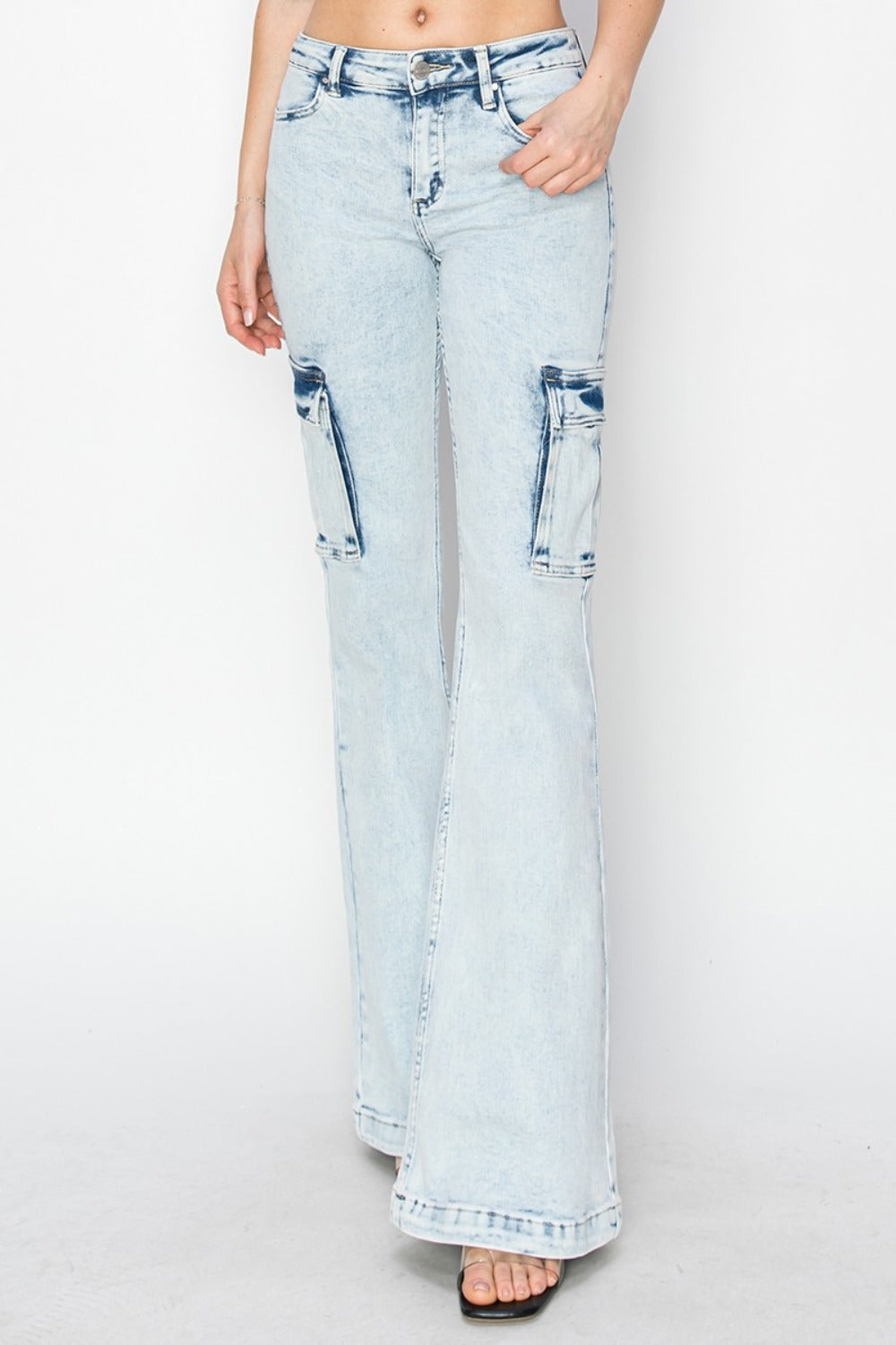 RISEN Full Size High Rise Cargo Flare Jeans 