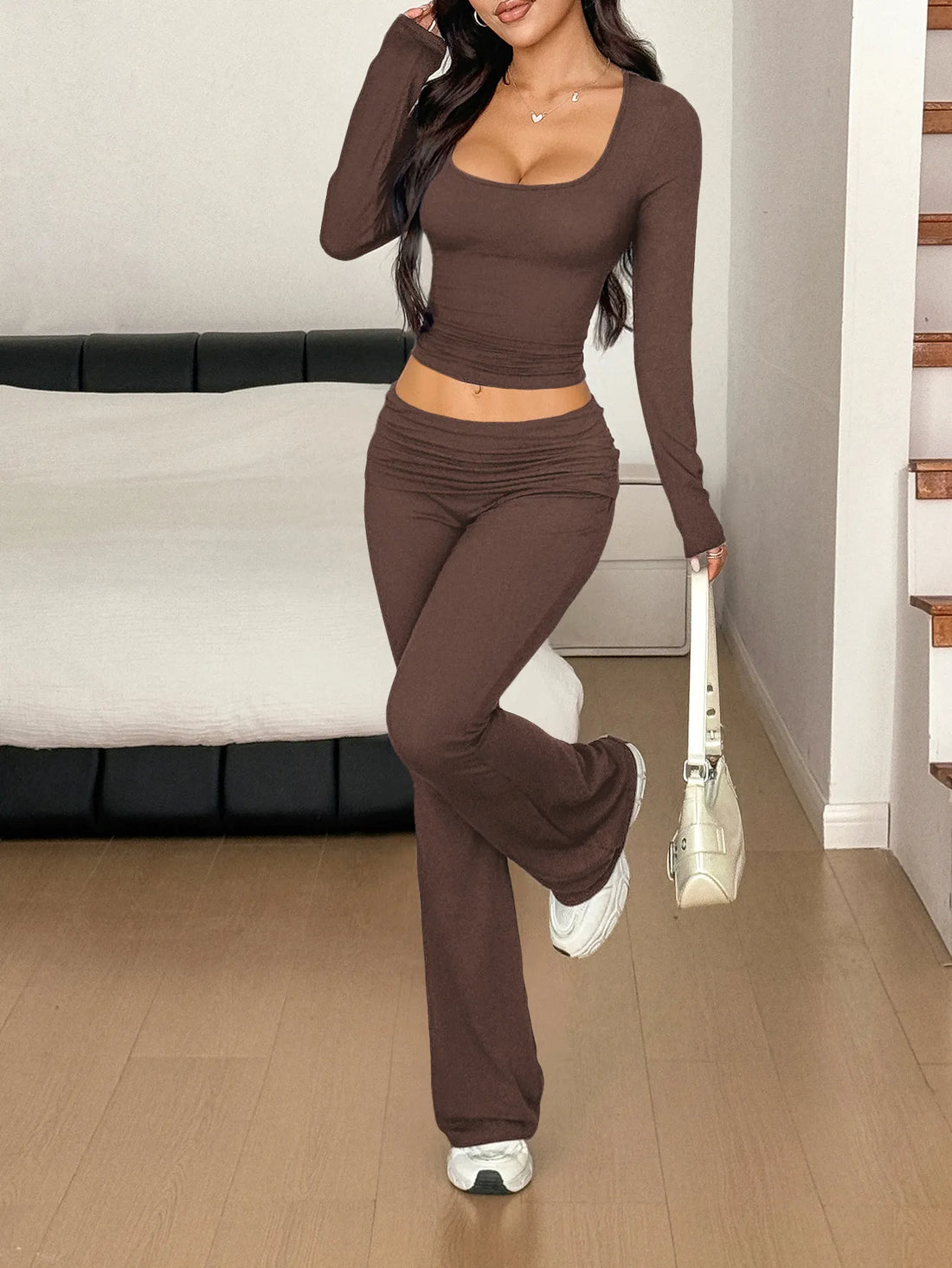 Long Sleeve Crop Top and Bootcut Pants Set Two Piece Dresses