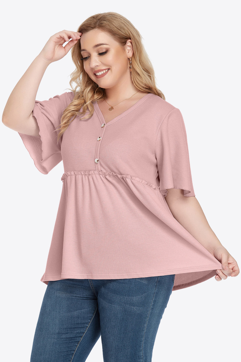 Plus Size Buttoned V-Neck Frill Trim Babydoll Blouse 