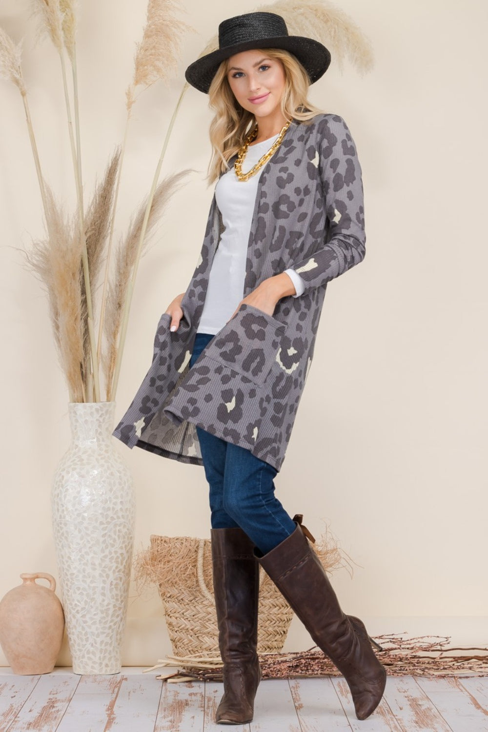 Celeste Full Size Leopard Open Front Contrast Cardigan 