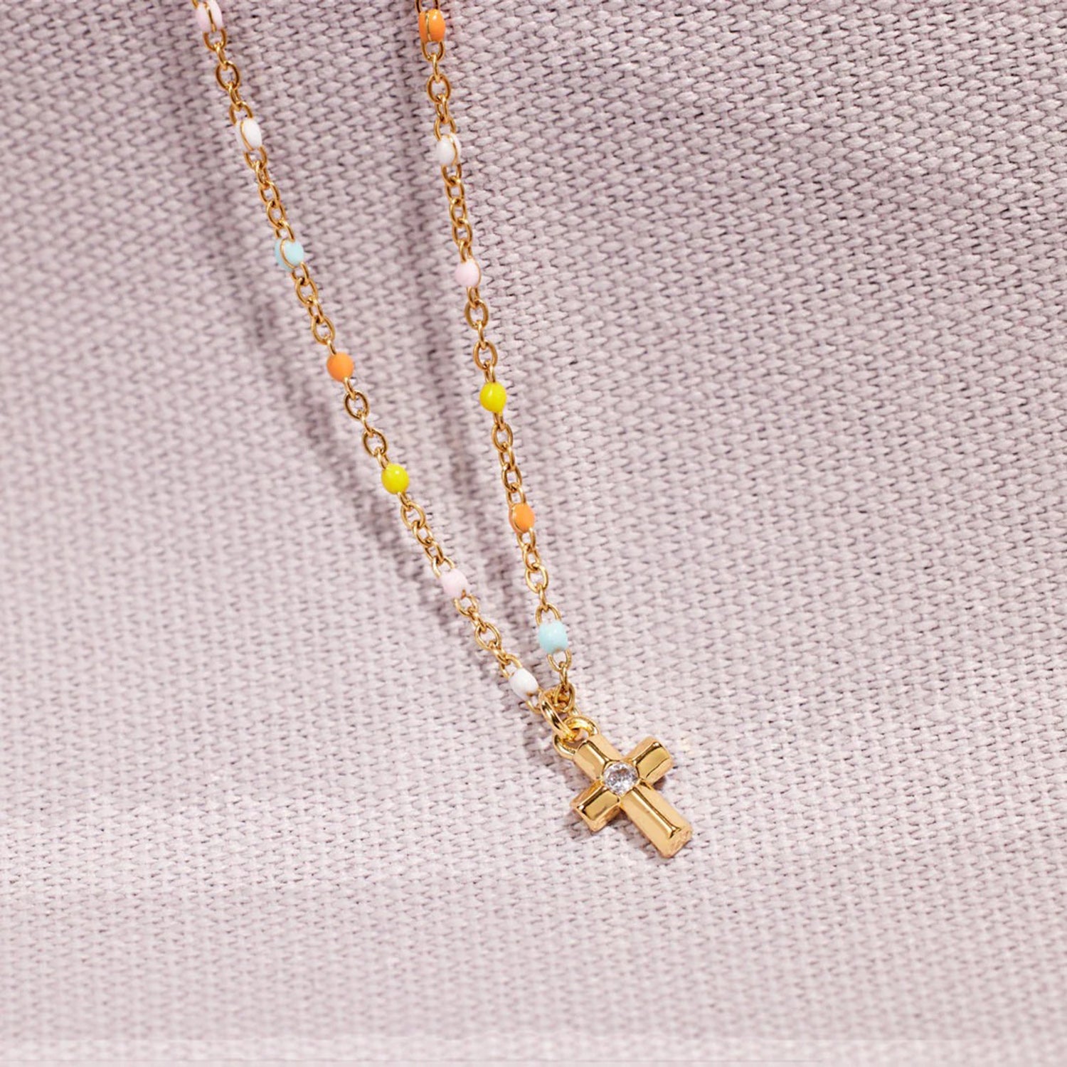 Inlaid Zircon 18K Gold-Plated Cross Bead Necklace 