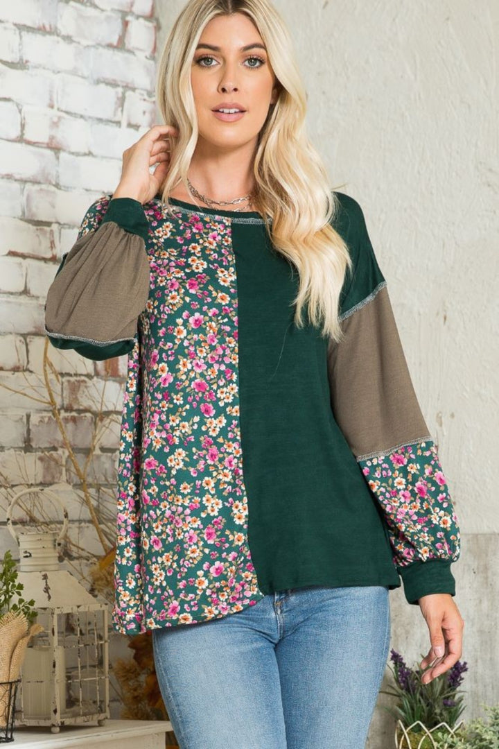 Celeste Full Size Floral Color Block Exposed Seam T-Shirt 