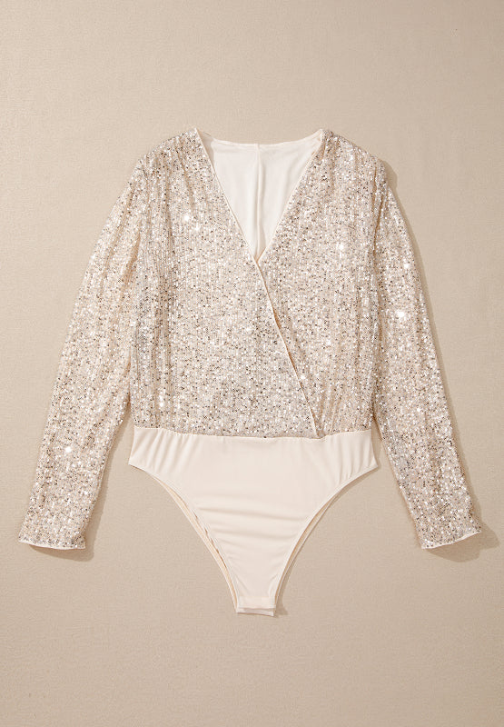 Sequin Surplice Long Sleeve Bodysuit 