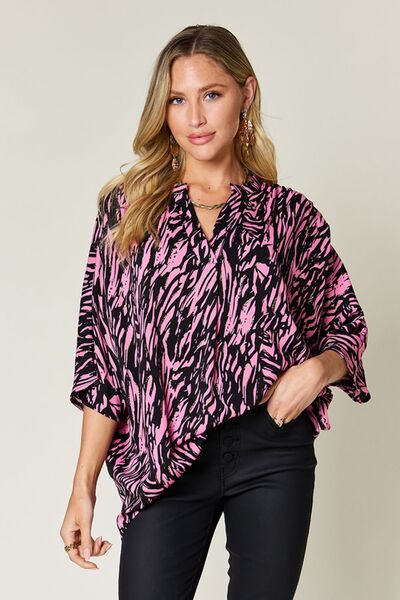 Double Take Full Size Printed Notched Three-Quarter Sleeve Blouse 
