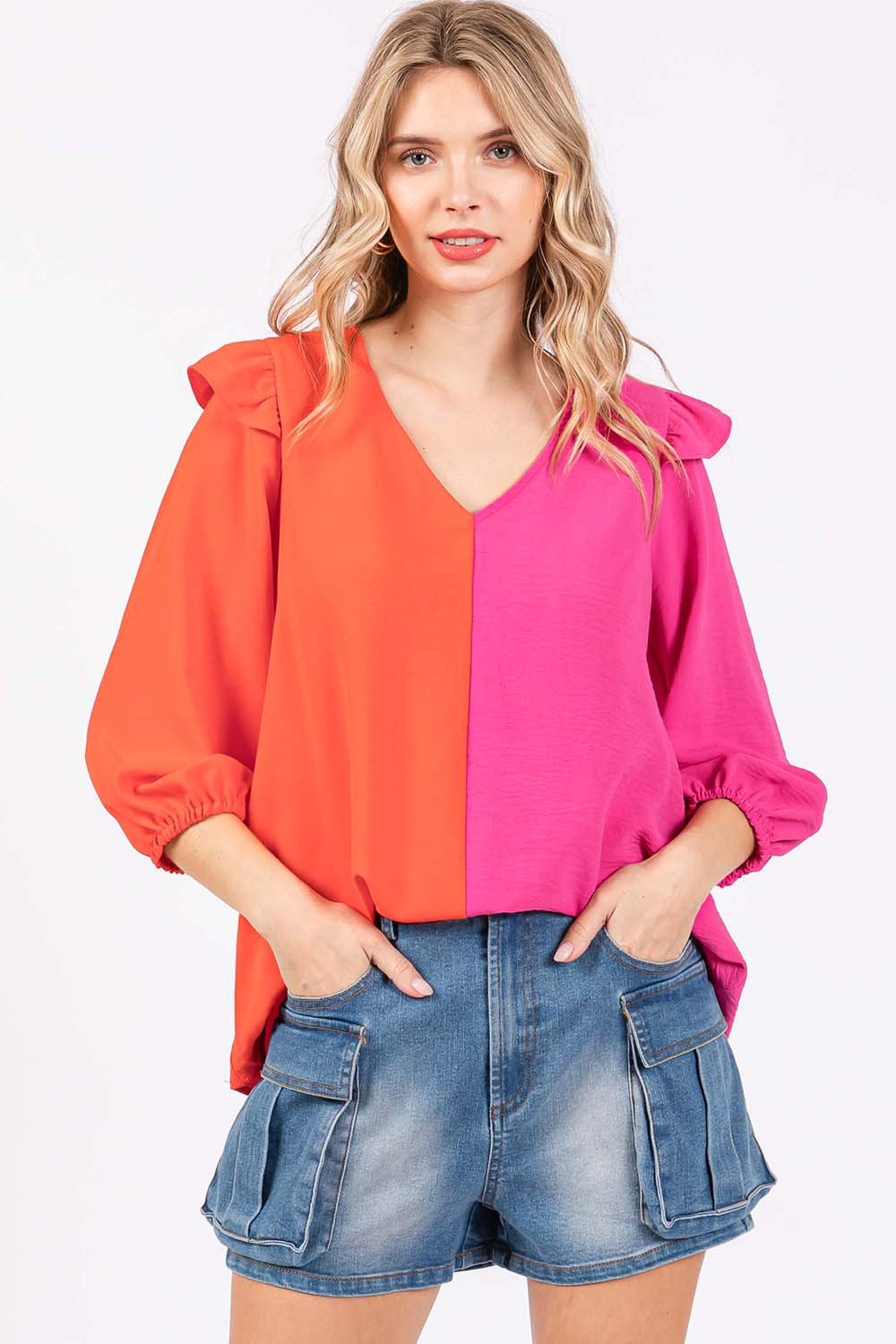 GeeGee Full Size Ruffle Trim Contrast Blouse 