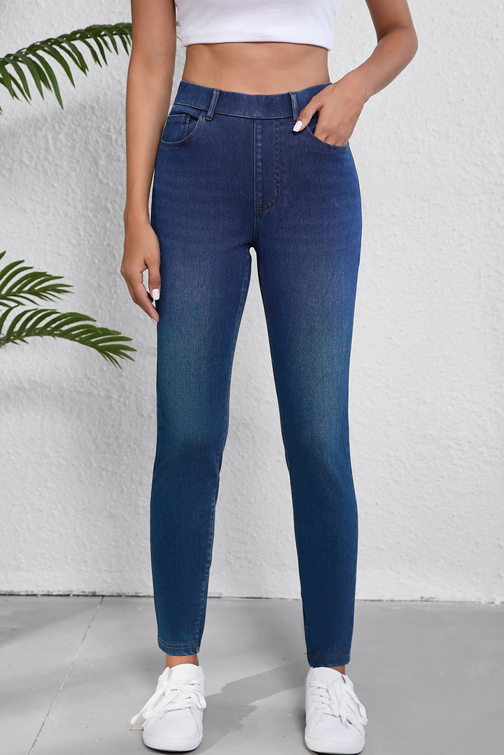 Ashleigh Blue Multiple Pockets Straight Leg Washed Stretchy Knit Casual Jeans Bottoms/Jeans