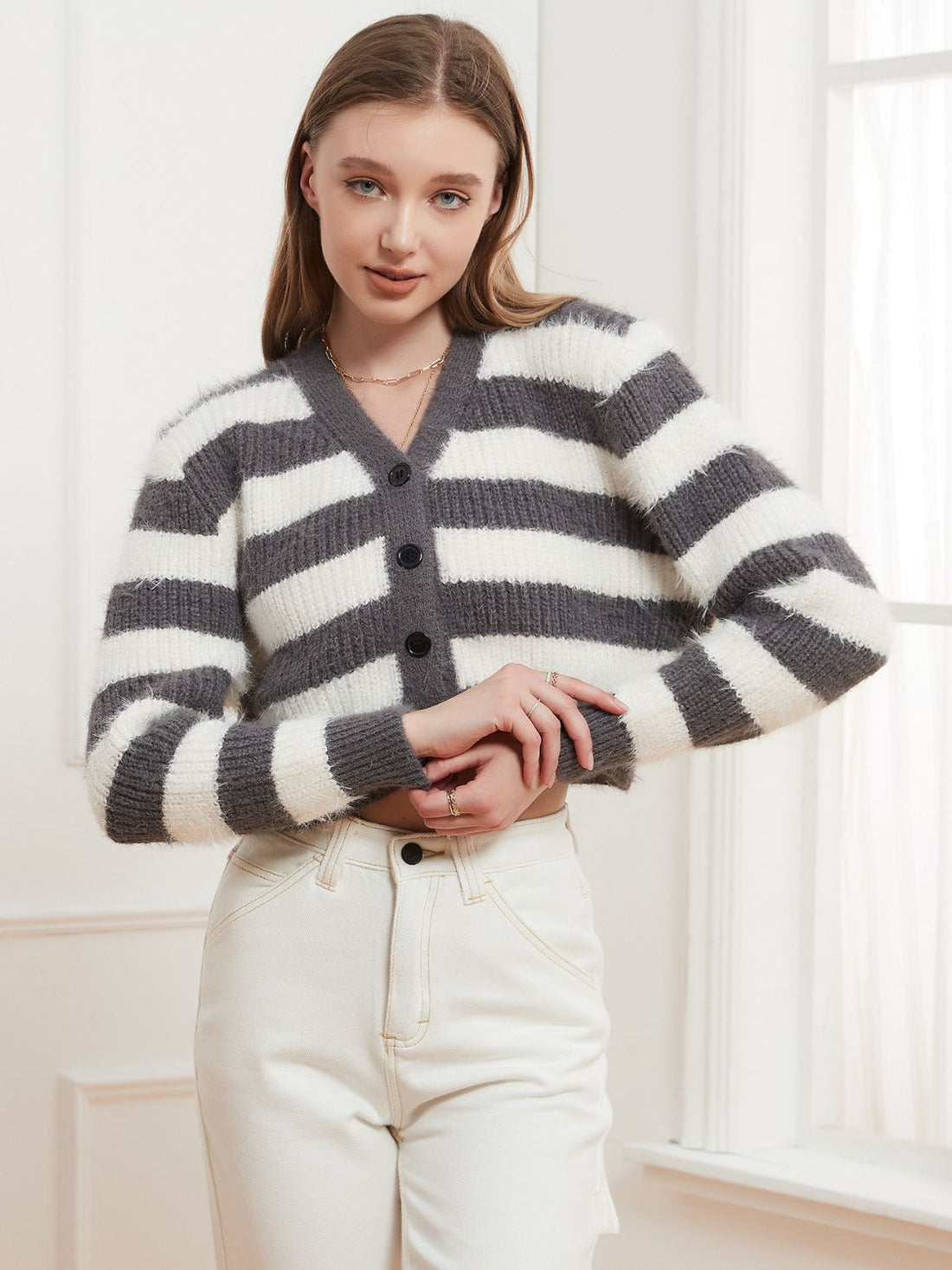 Button Down V-Neck Striped Cardigan 