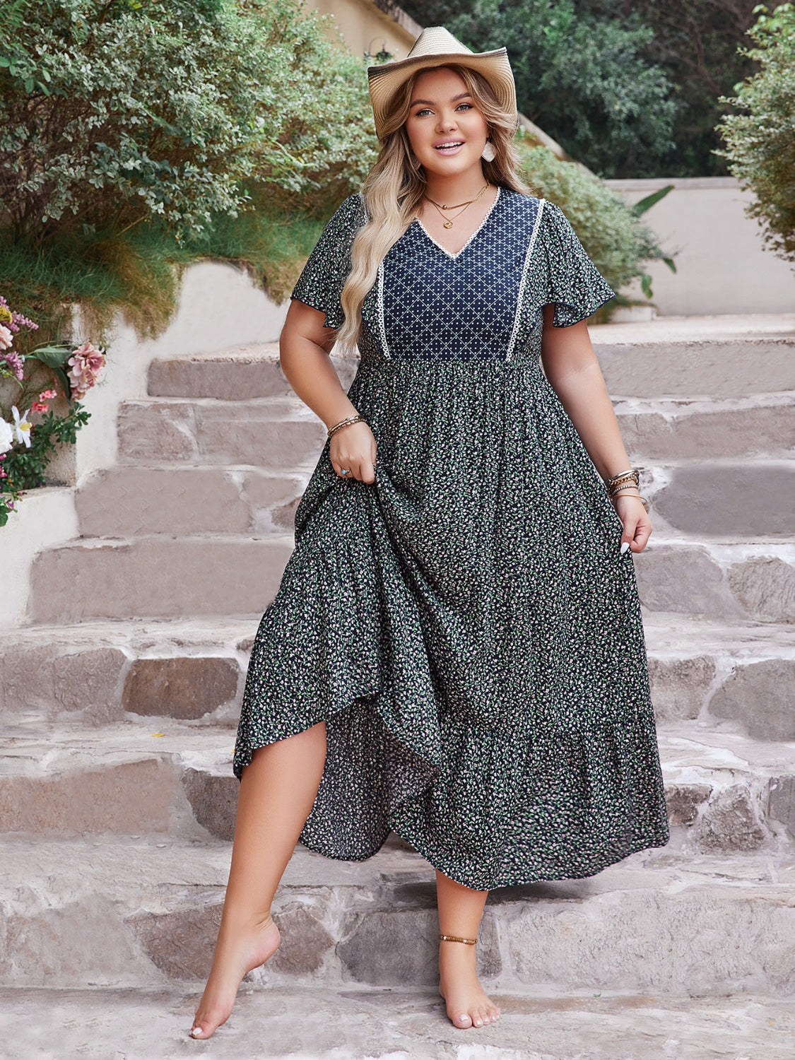 Plus Size Printed V-Neck Flutter Sleeve Midi Dress 