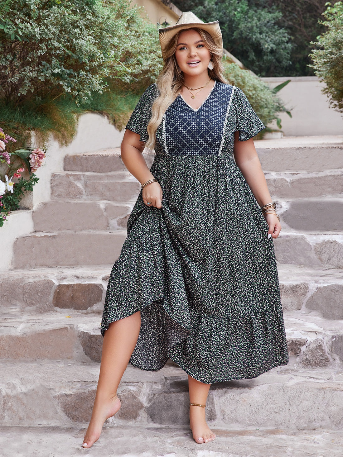 Plus Size Printed V-Neck Flutter Sleeve Midi Dress 