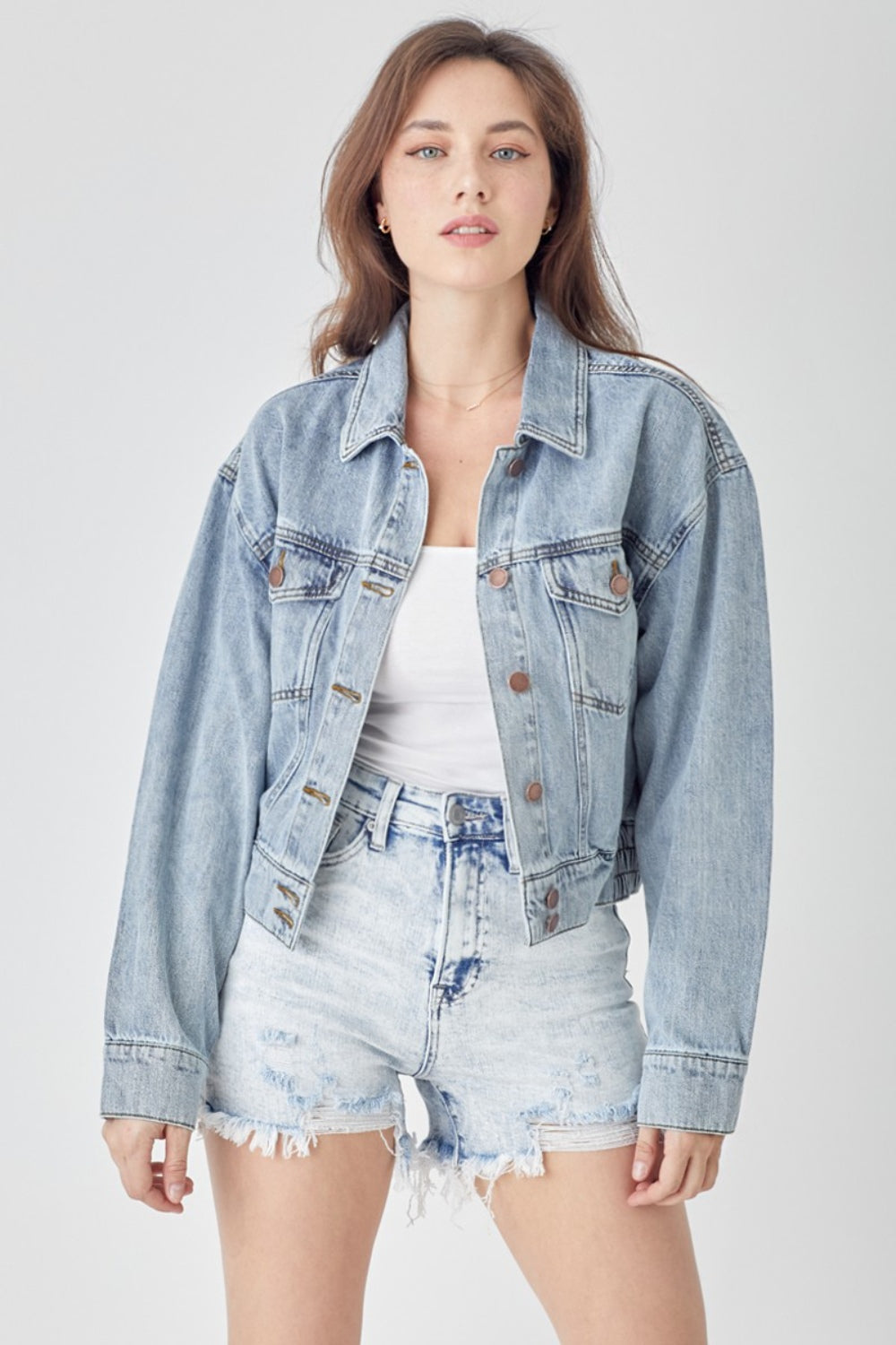 RISEN Full Size Button Down Cropped Denim Jacket 